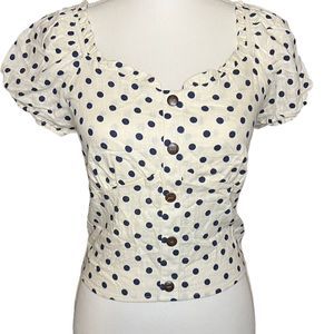Monteau Women's M Blue Polka Dot Crop Top Blouse Short Sleeve V-Neck